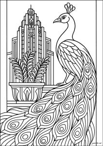 Majestic peacock in front of an Art Deco building. An elegant peacock unfurls its wheel in front of geometric architecture typical of the 1920s. Stylized ferns and ornamental motifs create a sophisticated composition for personalization. Majestic peacock in front of an art deco building