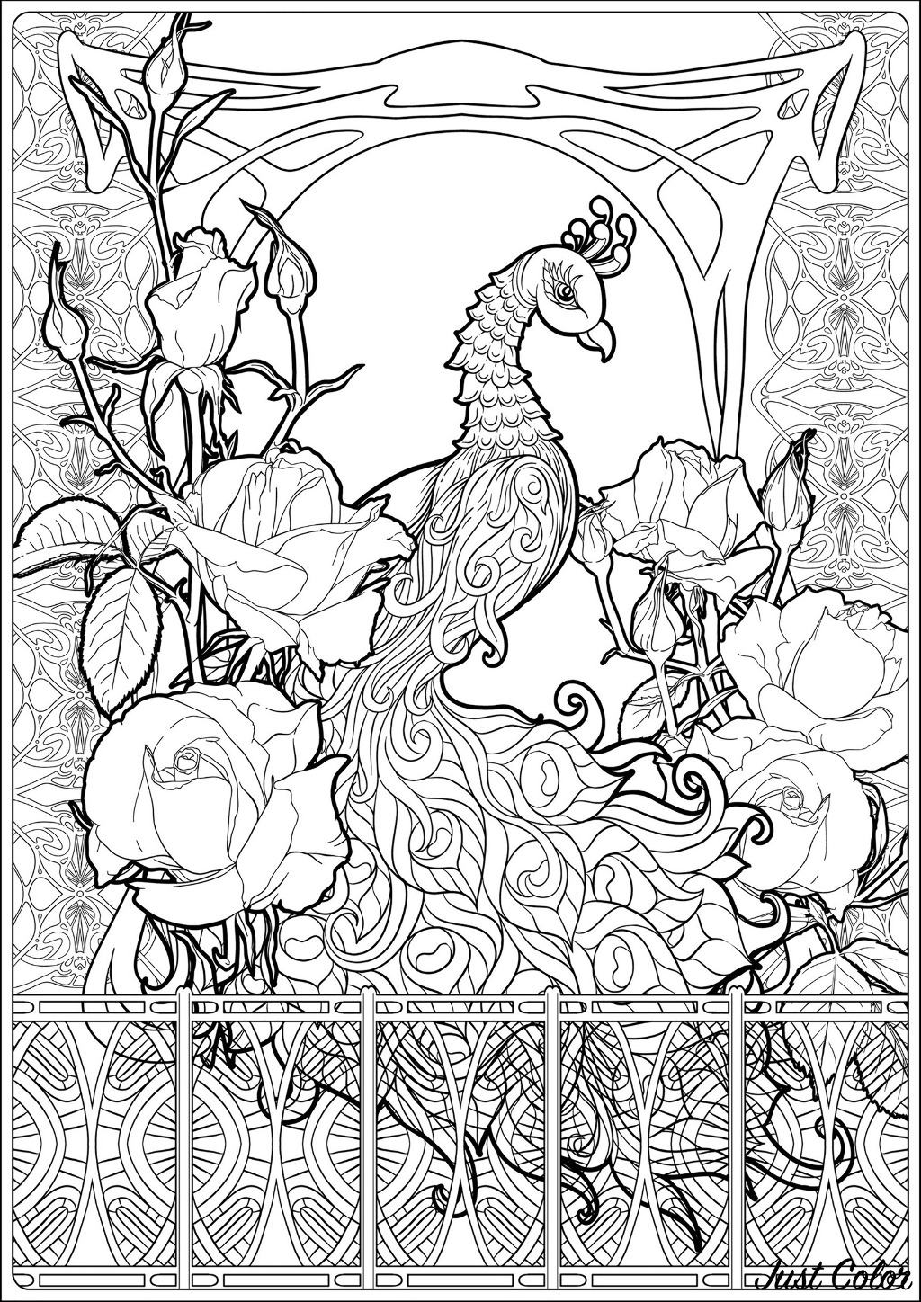 Coloring page of a peacock, with many graphic elements related to Art Nouveau and pretty roses