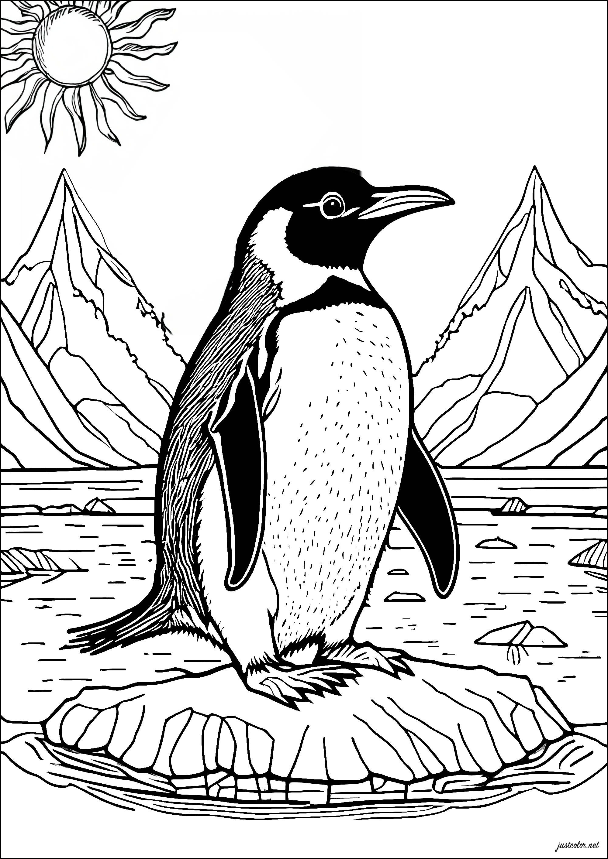 Pretty penguin on a block of ice - Penguin Coloring Pages for adults