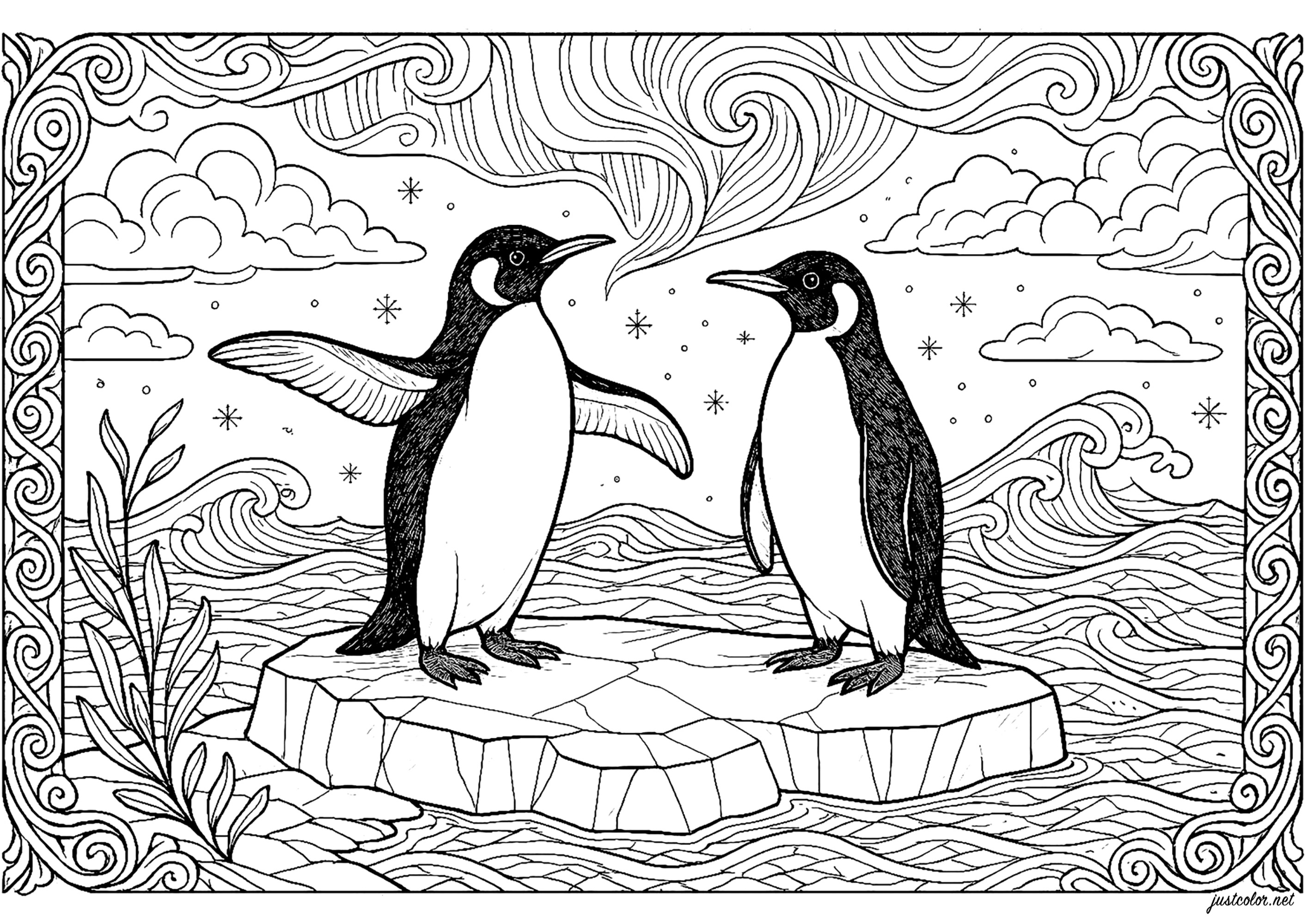 An icy encounter on the ice floe (Printable Penguin Coloring Page for adults)