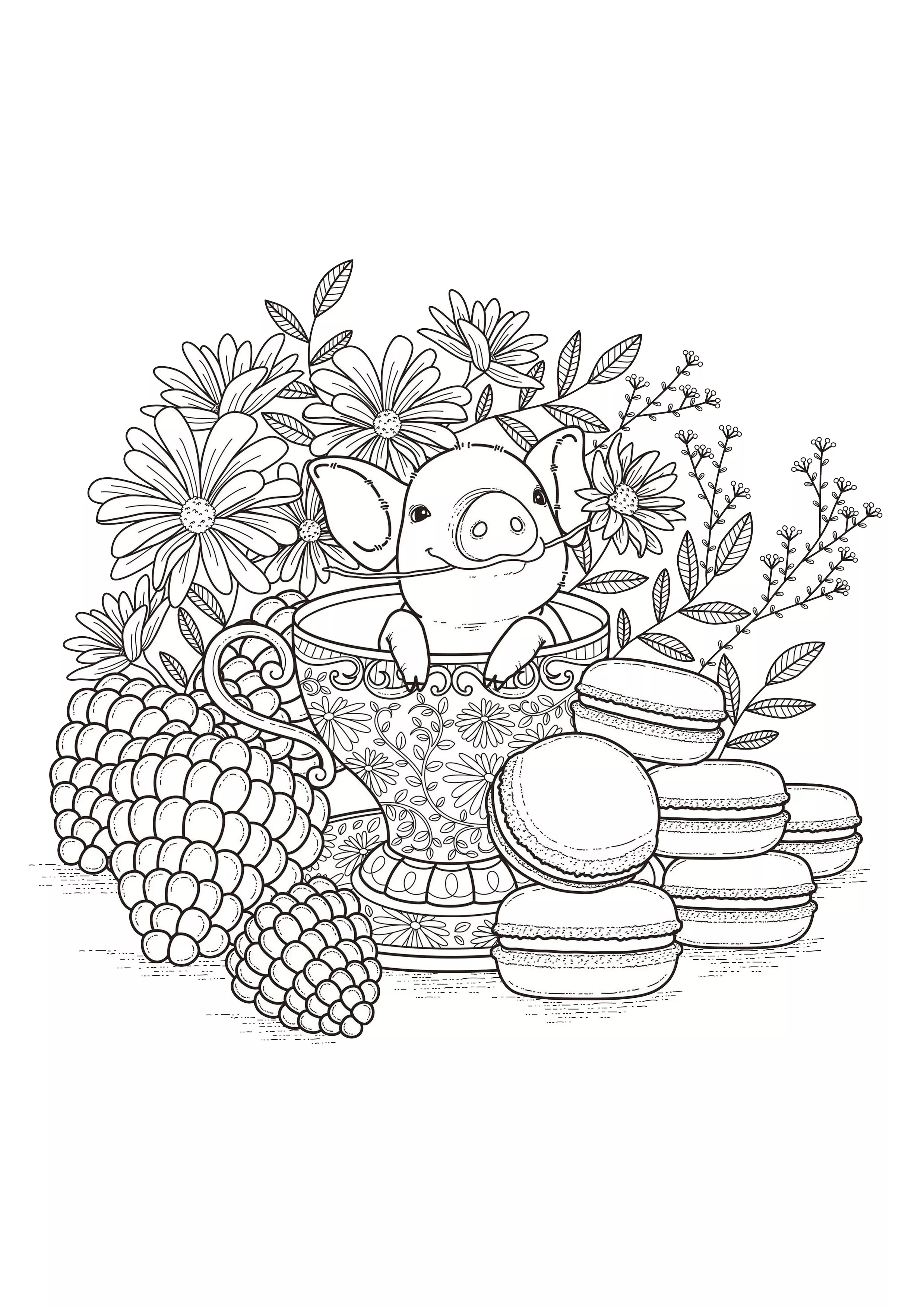 Baby pig and macaroons (Printable Coloring Page for adults)