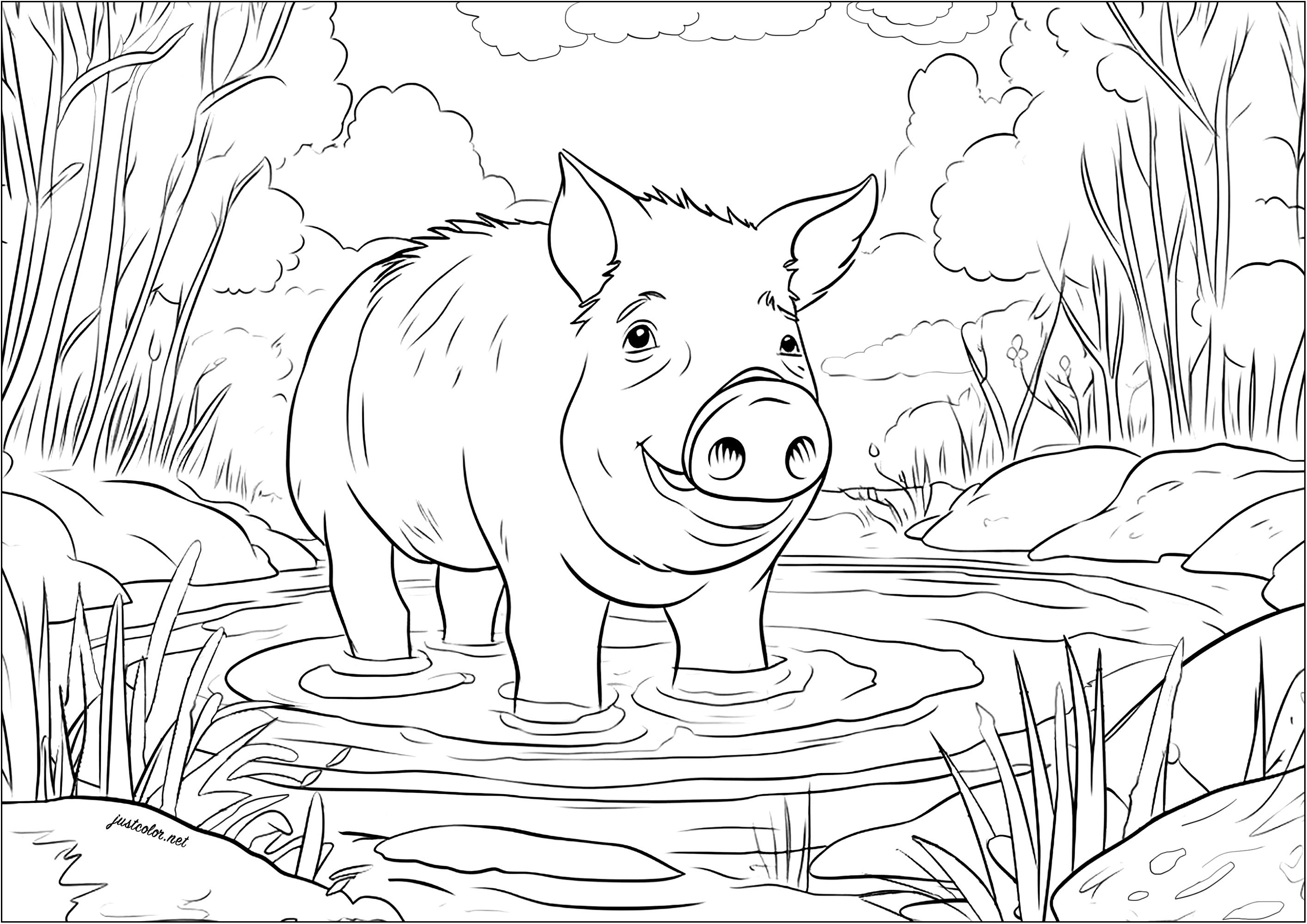 Pig in a pool of mud. Color this cute pig looking so happy to dip his paws and cool off in this muddy pool