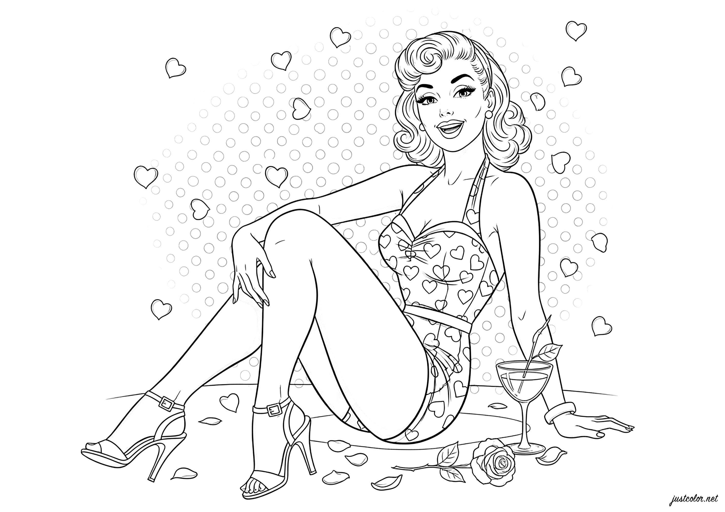 50s seduction and charm (Printable 1950s Pin-Up Coloring Page for adults)