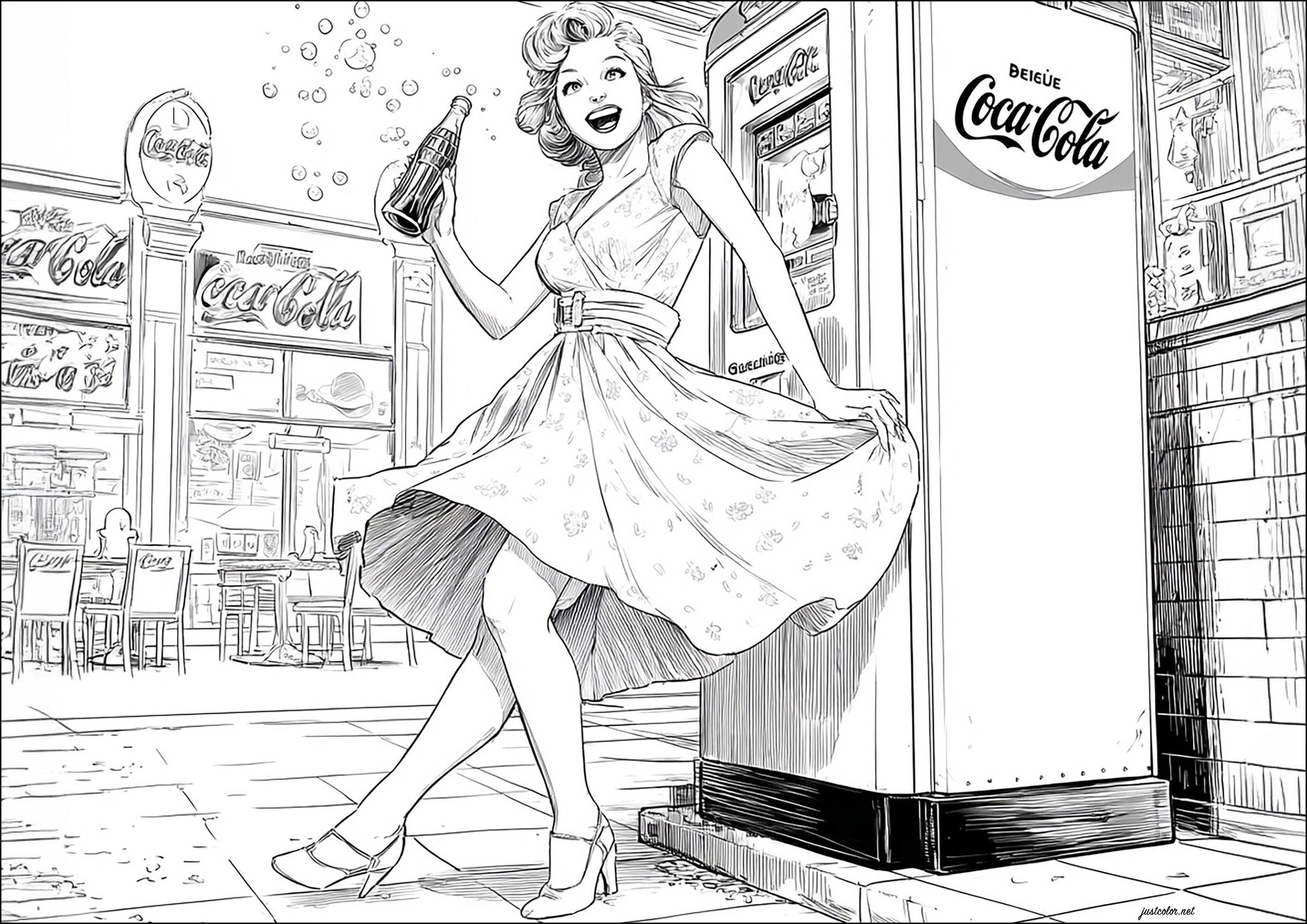 The Coca-Cola Girl (Printable 1950s Pin-Up Coloring Page for adults)