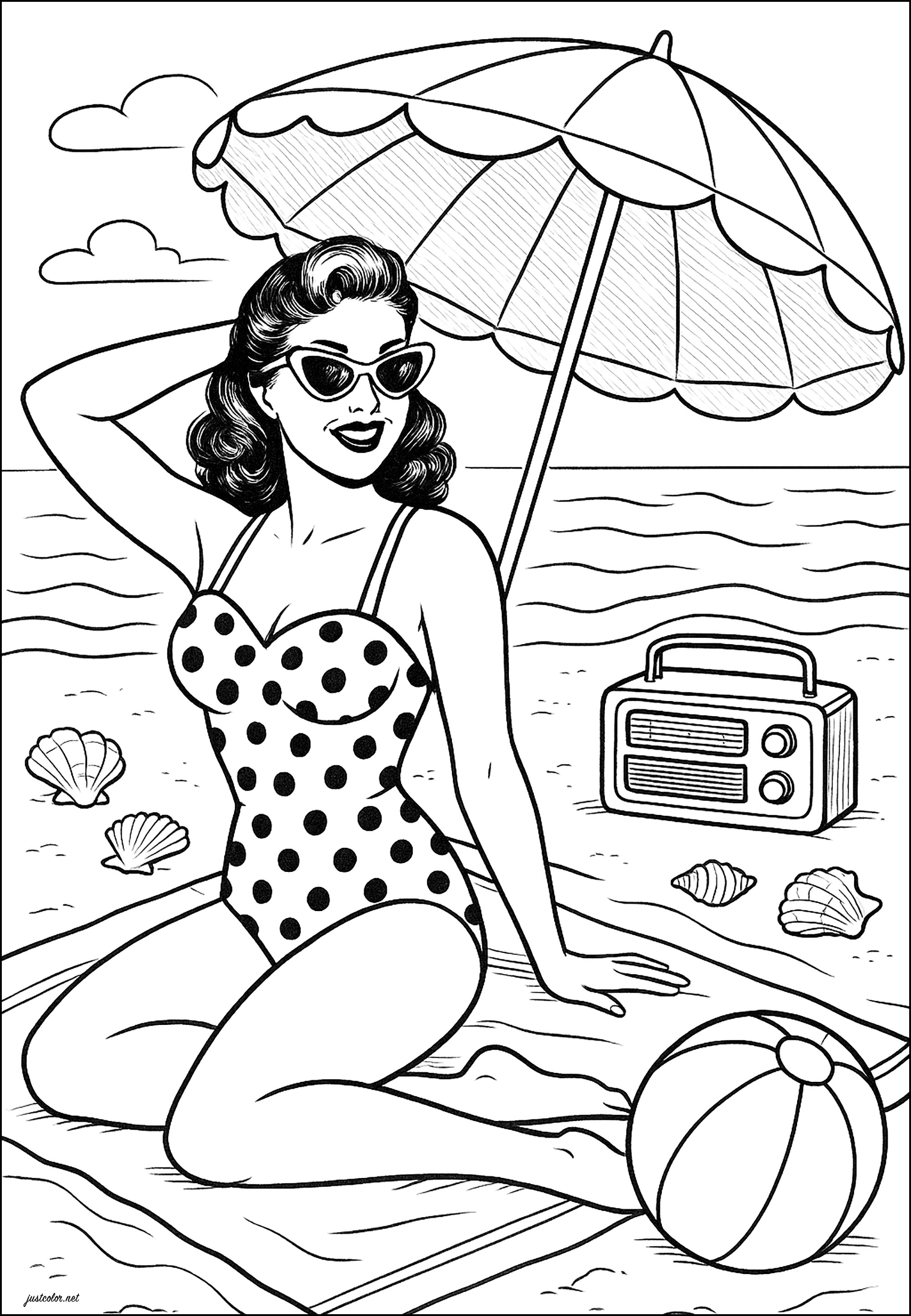 Beach relaxation (Printable 1950s Pin-Up Coloring Page for adults)