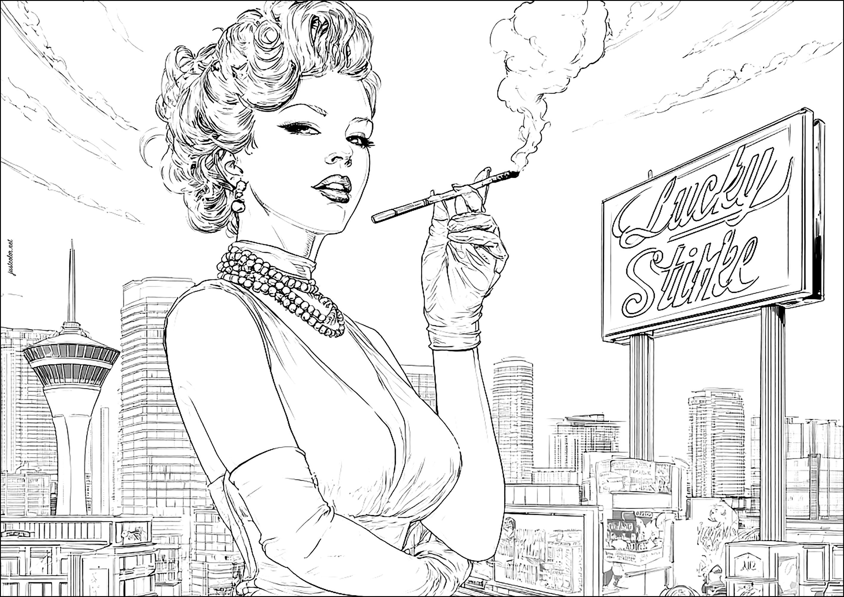 Young woman and her Lucky Strike cigarette (Printable 1950s Pin-Up Coloring Page for adults)