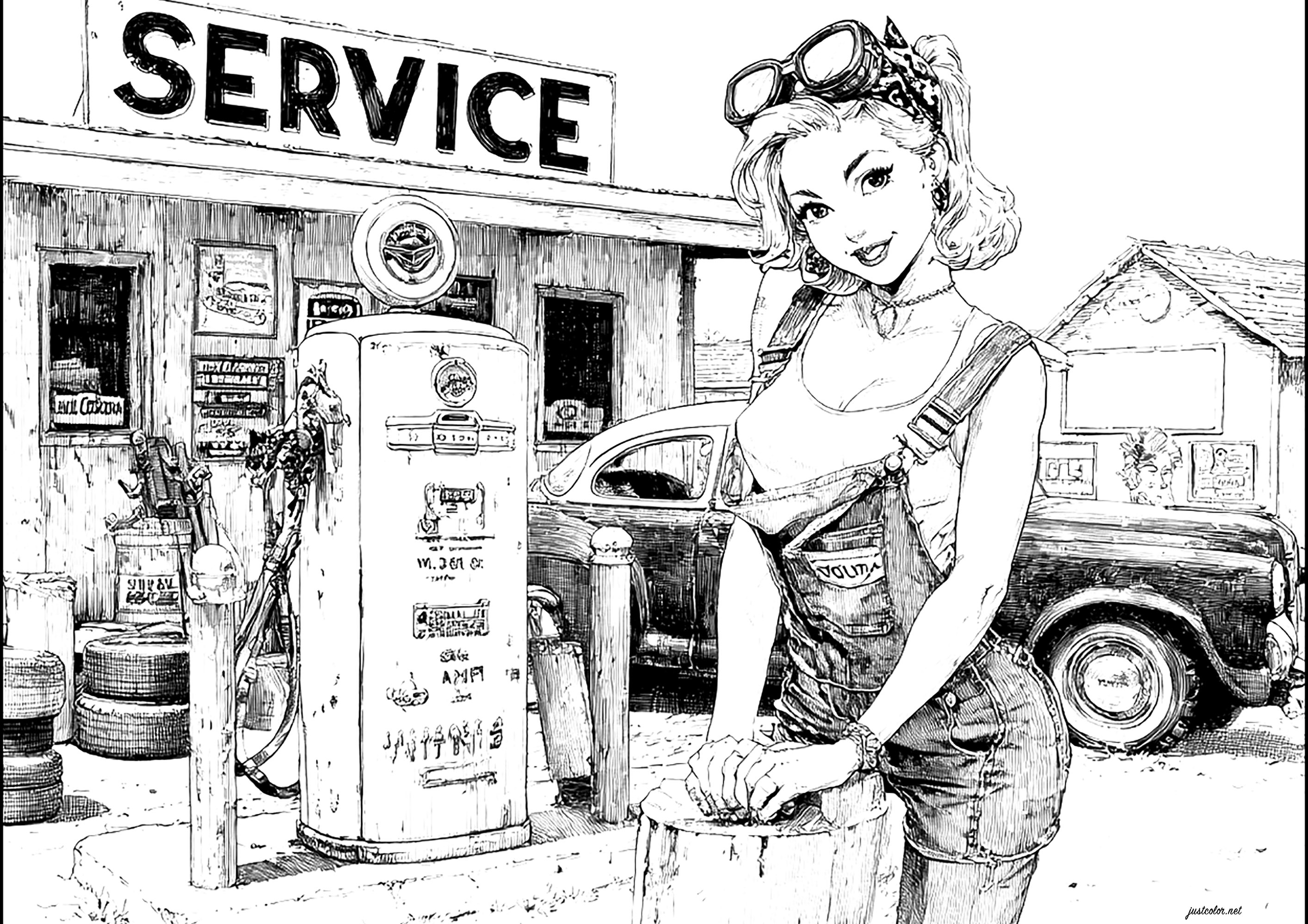 Woman working in a service station (Printable 1950s Pin-Up Coloring Page for adults)