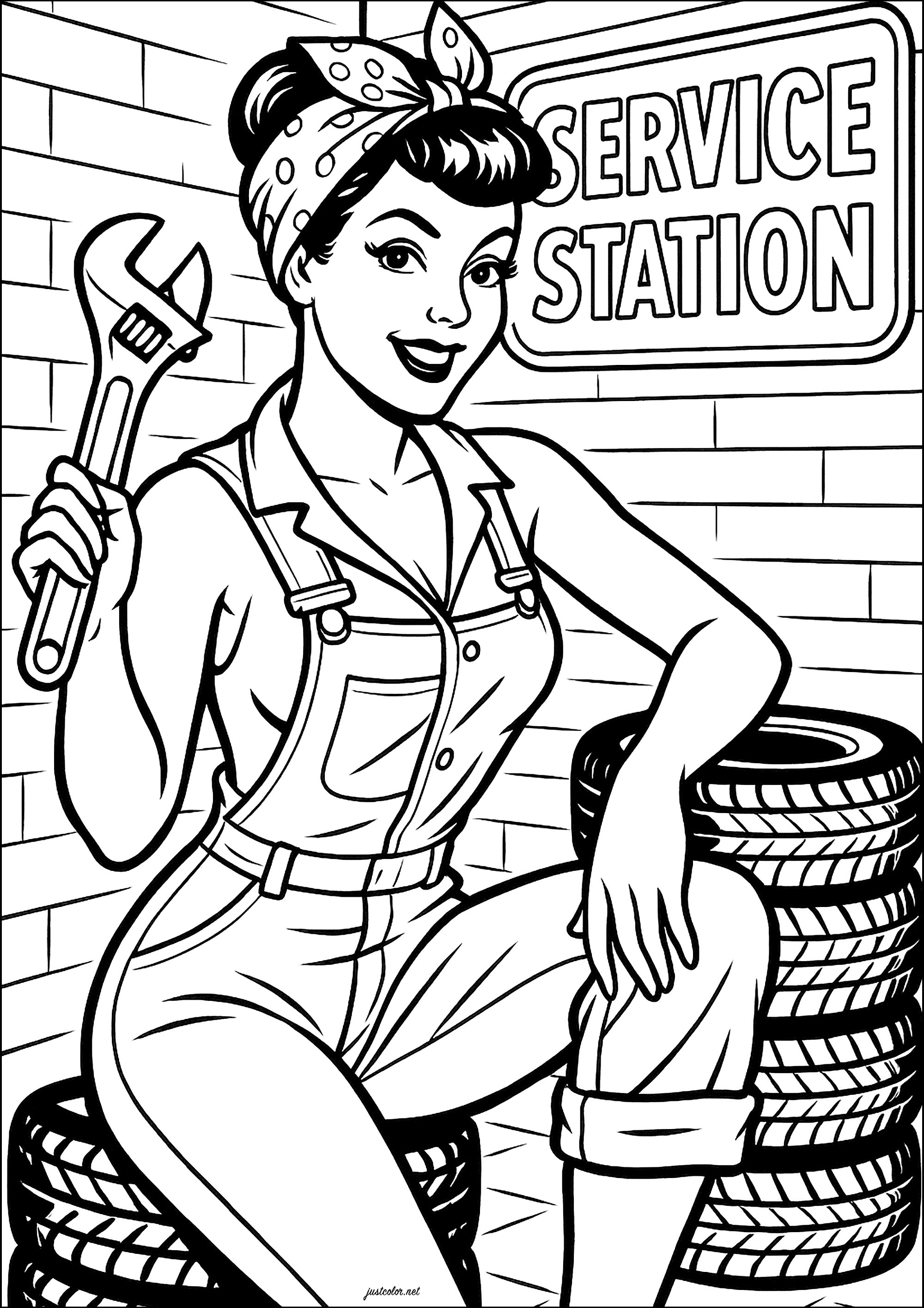 Young bodybuilder (Printable 1950s Pin-Up Coloring Page for adults)