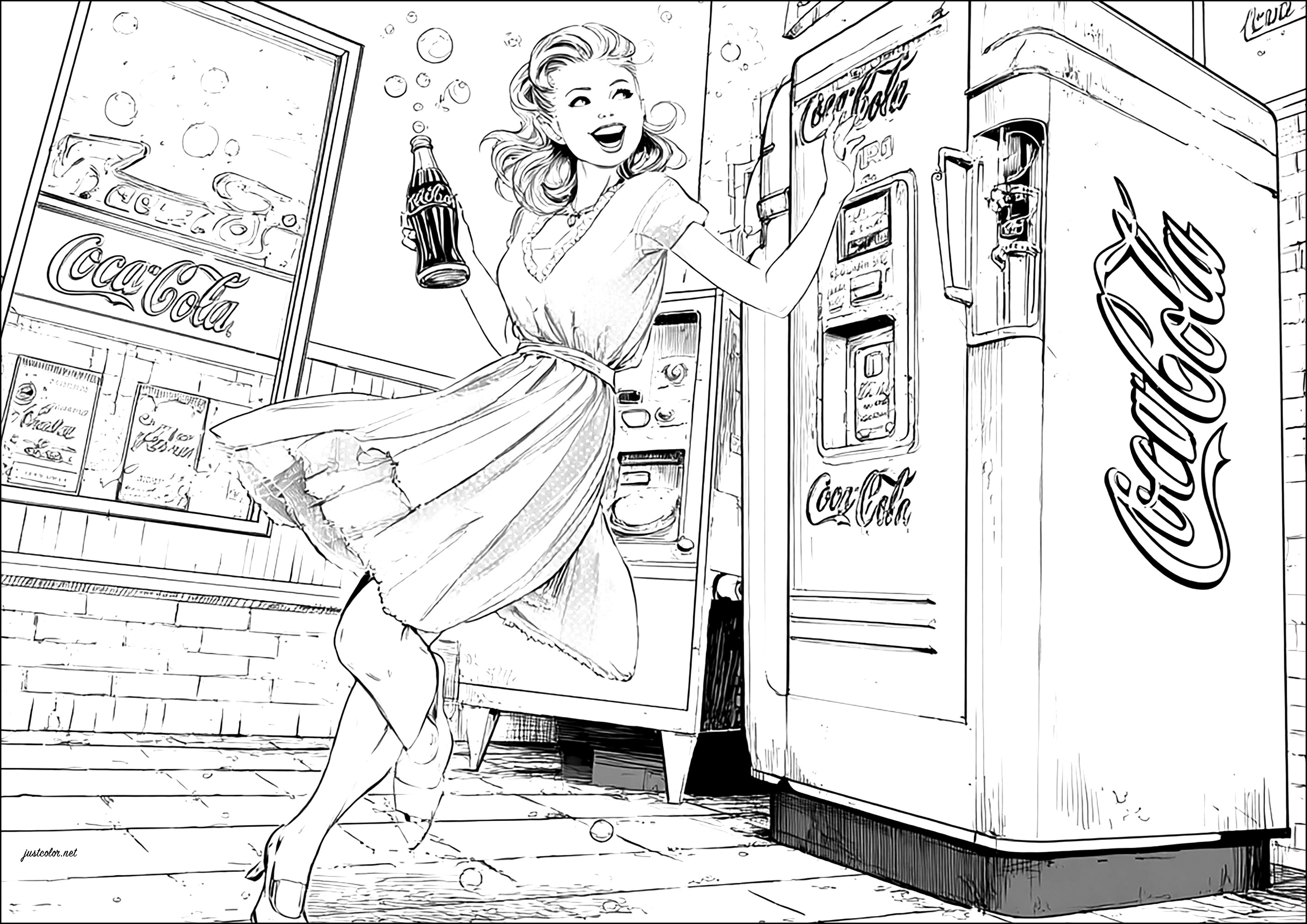 Young girl happy to have recovered a Coca-Cola bottle (Printable 1950s Pin-Up Coloring Page for adults)