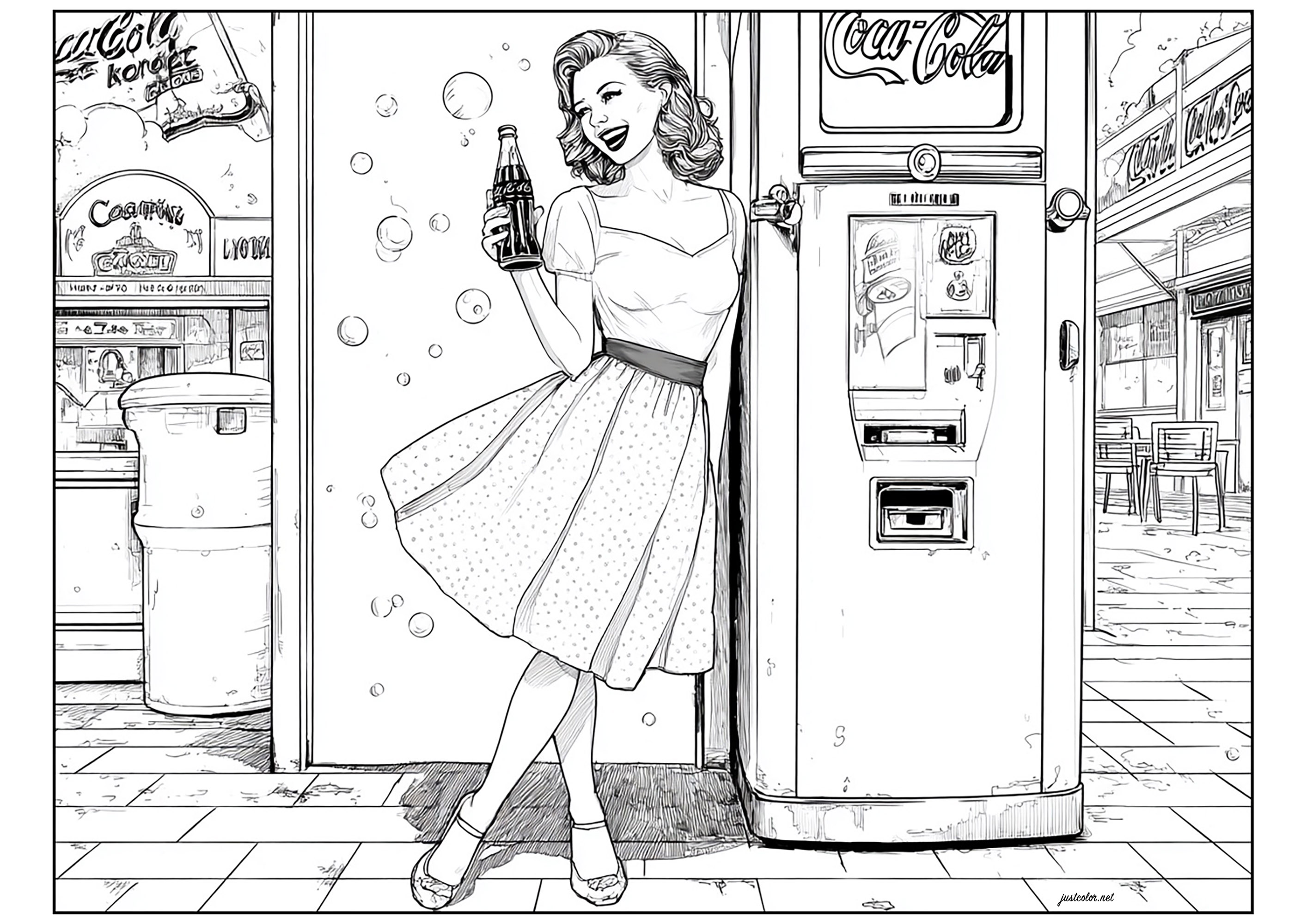 Design inspired by post-war visuals for Coca-Cola (Printable 1950s Pin-Up Coloring Page for adults)