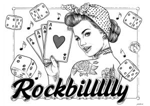 Poster with a woman playing cards surrounded by dice (1950s Pin-Up Coloring Page)