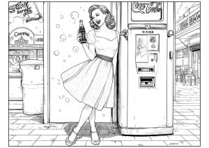 Design inspired by post-war visuals for Coca-Cola (1950s Pin-Up Coloring Page)