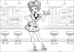 Two glasses brought by a waitress on roller skates (1950s Pin-Up Coloring Page)