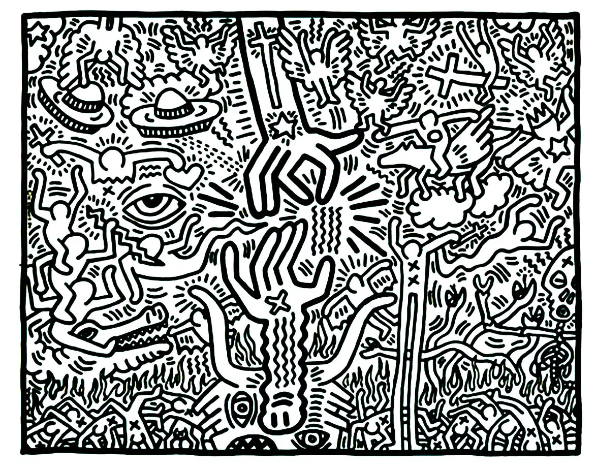 Complex coloring inspired by the universe of Keith Haring (Pop Art)