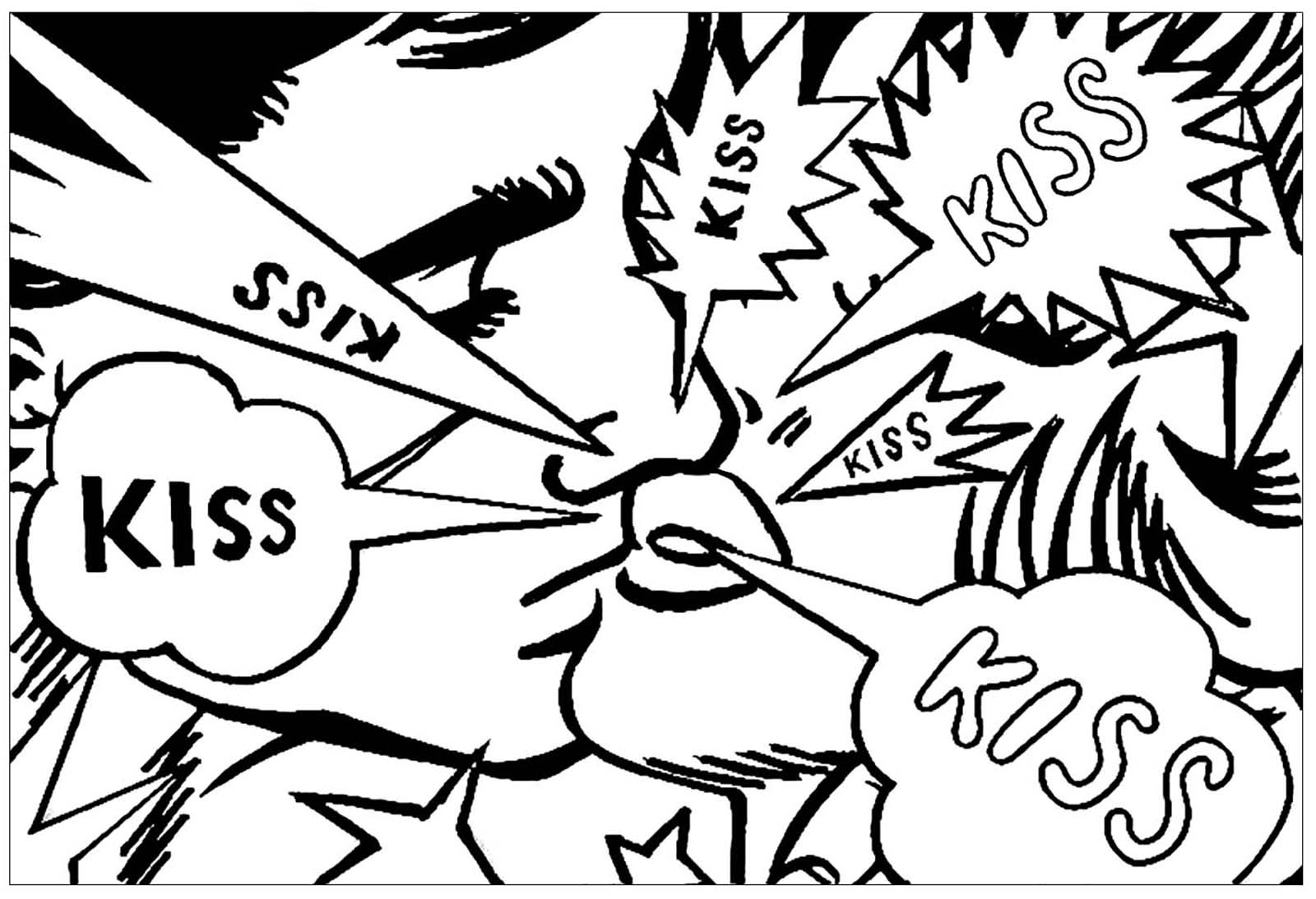 Coloring page adult kiss roy lichtenstein