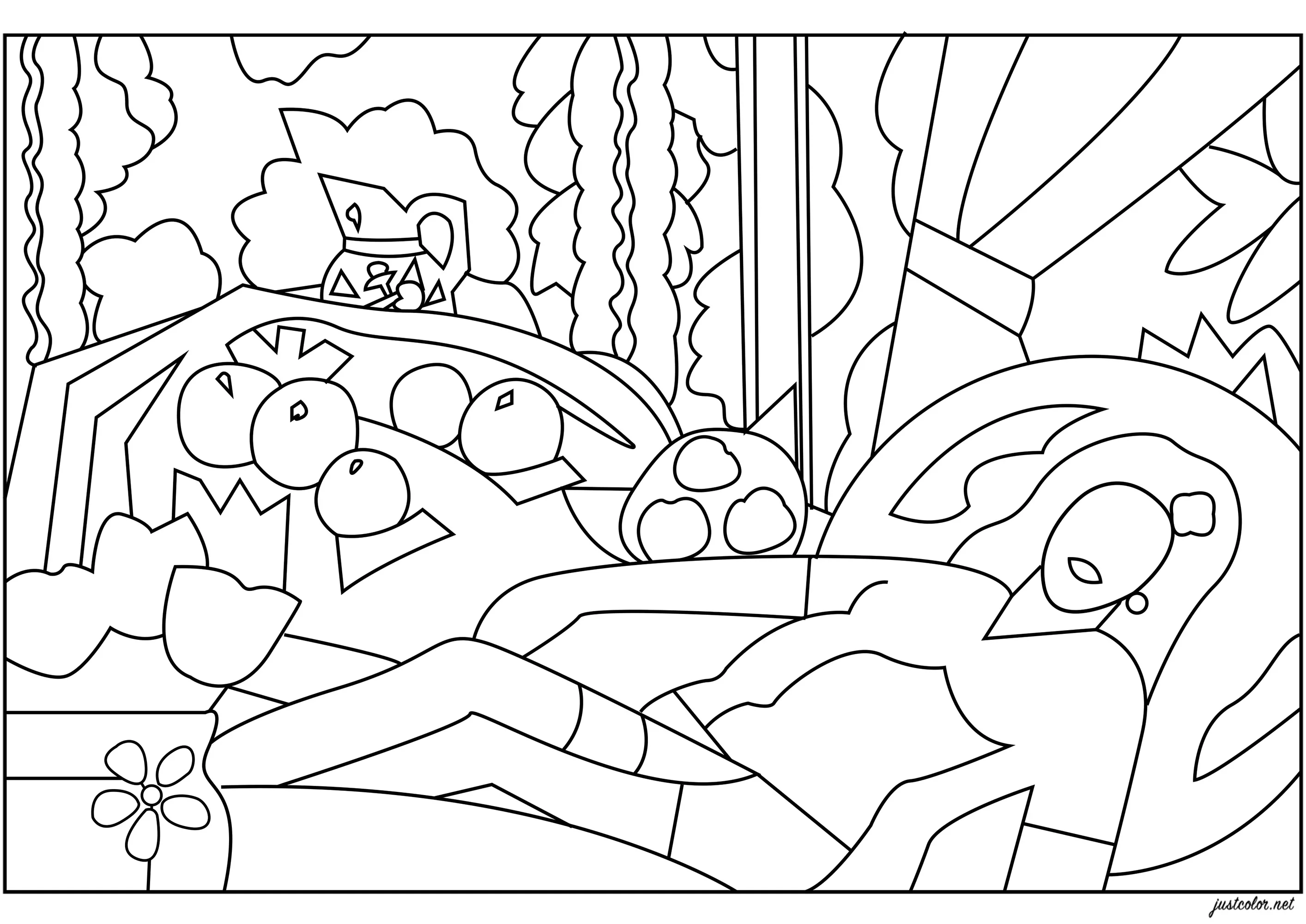 Tom Wesselmann - Nude at sunset with Matisse apples on pink tablecloth (2003) (Printable Pop Art Coloring Page for adults)