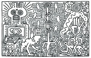 Coloring page created from a Keith Haring painting (Pop Art Coloring Page)