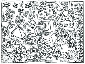 Coloring page created from a Keith Haring painting (Pop Art Coloring Page)