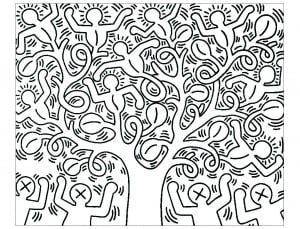 Coloring page created from a Keith Haring painting (Pop Art Coloring Page)