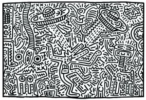 Coloring page created from a Keith Haring painting (Pop Art Coloring Page)