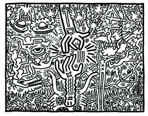 Complex coloring inspired by the universe of Keith Haring (Pop Art Coloring Page)