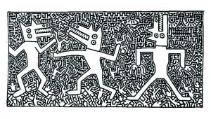 Coloring page created from a Keith Haring painting (Pop Art Coloring Page)