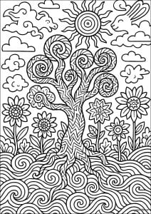 A magical tree under a radiant sun