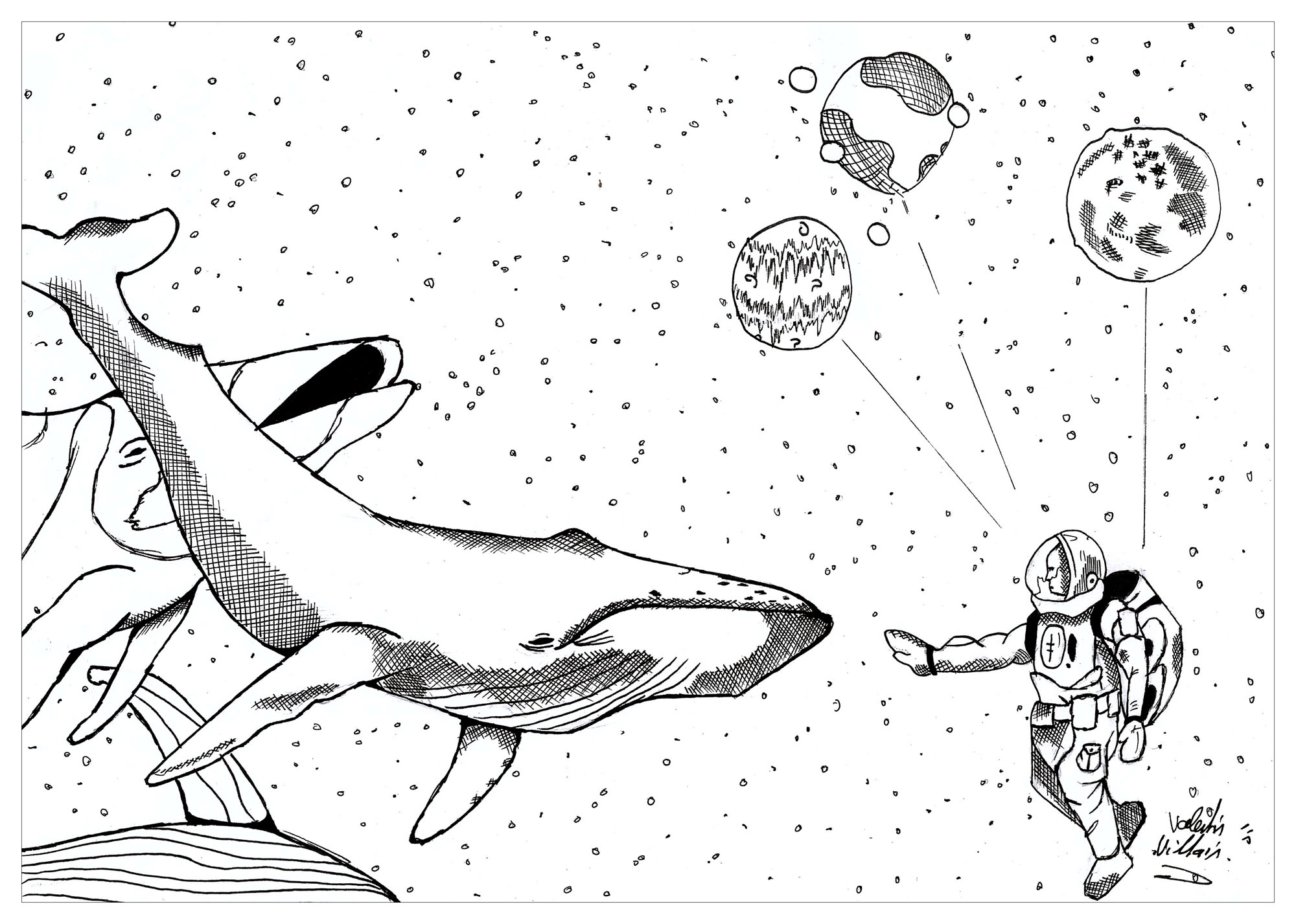 Astronaut meets whale in space, Artist : Valentin