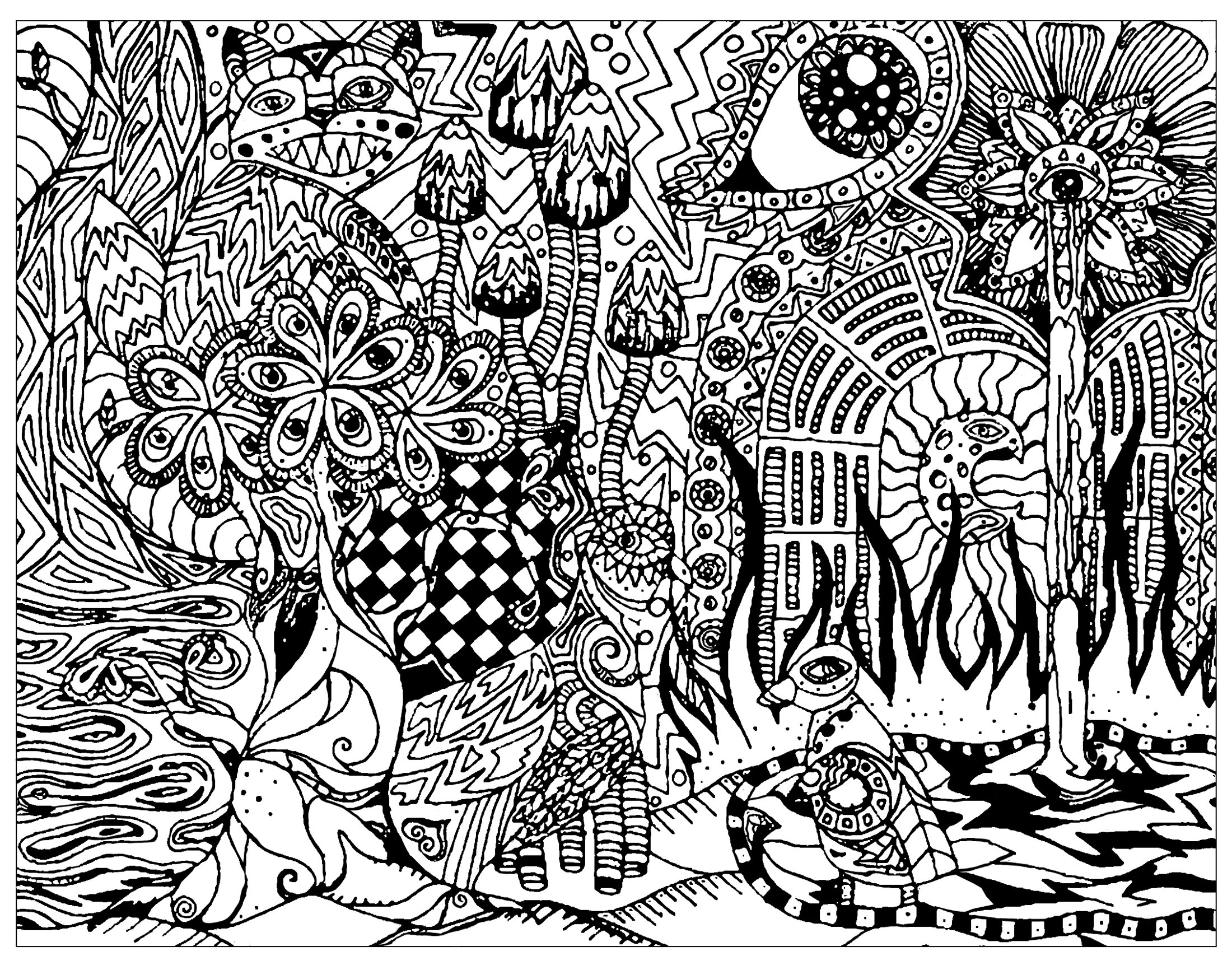 Psychedelic drawing to color : Where is the cat ?