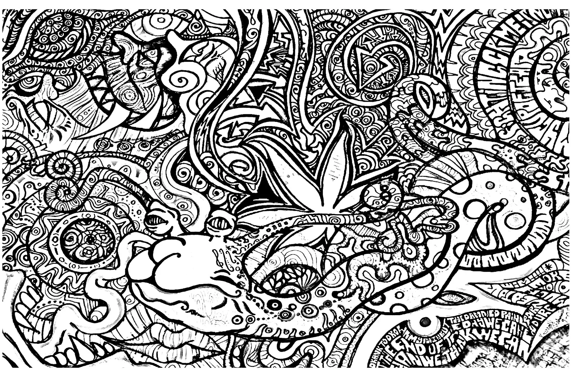 Strange creature and wacky objects (Printable Psychedelic Coloring Page for adults)