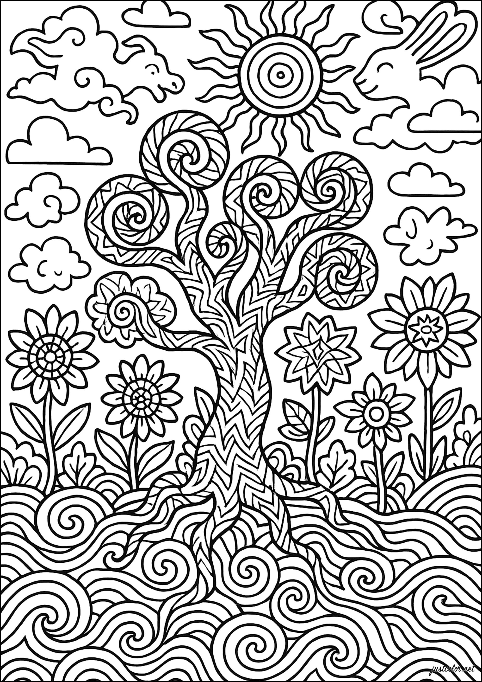 A magical tree under a radiant sun (Printable Psychedelic Coloring Page for adults)