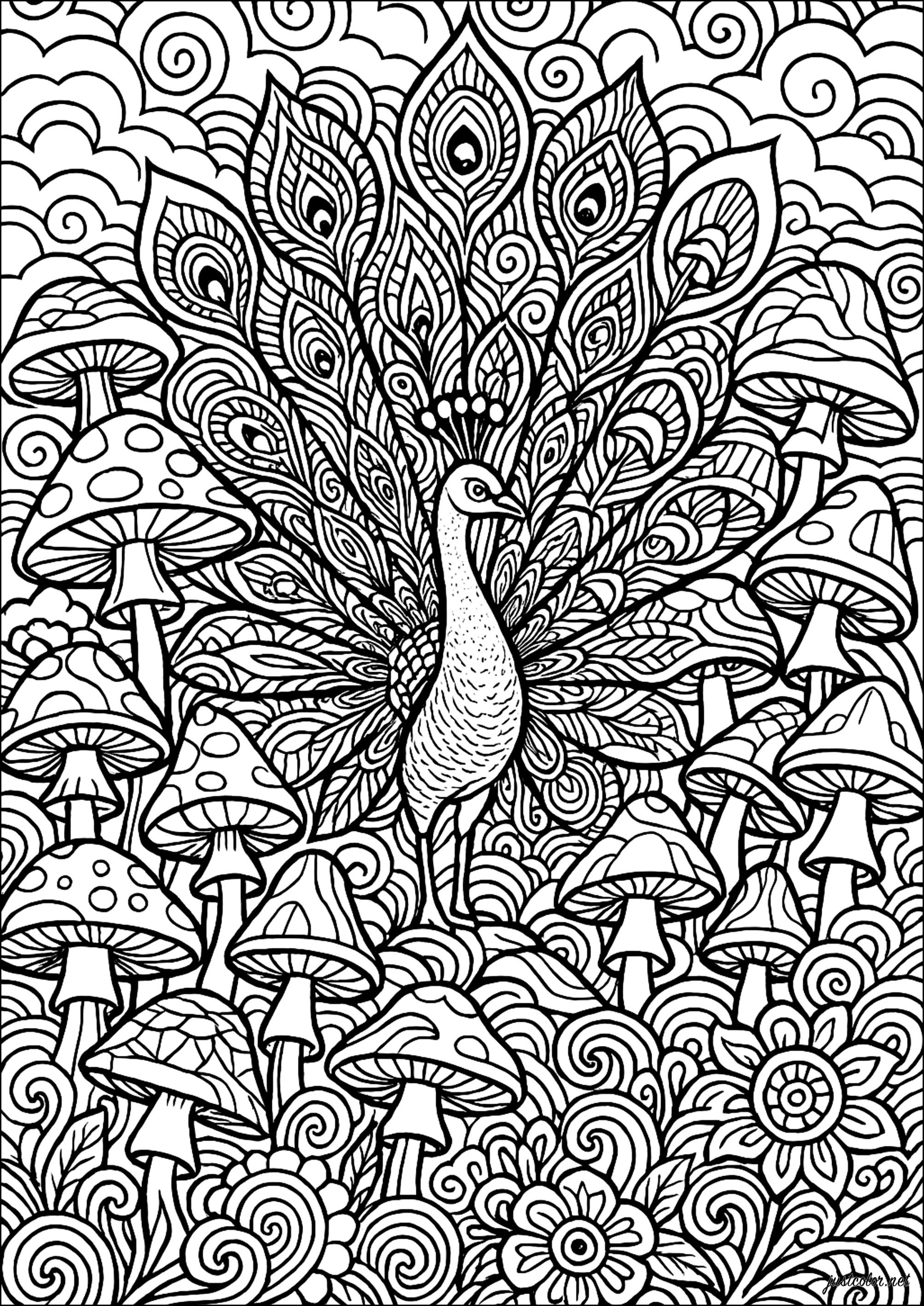 Psychedelic peacock surrounded by mushrooms (Printable Coloring Page for adults)