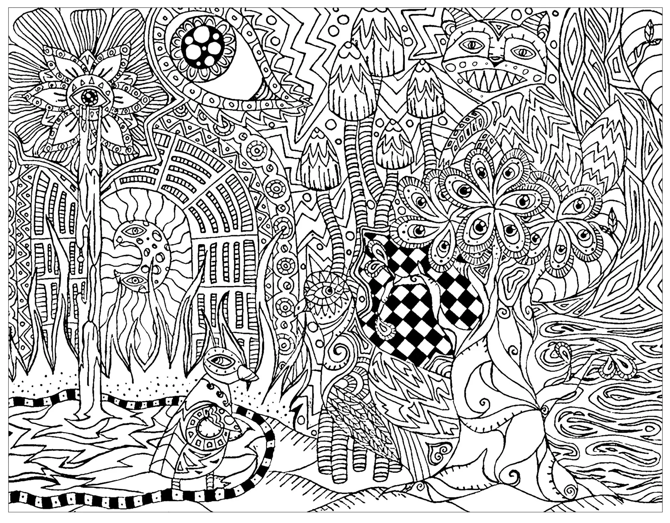 Psychedelic forest with hidden cat (Printable Coloring Page for adults)