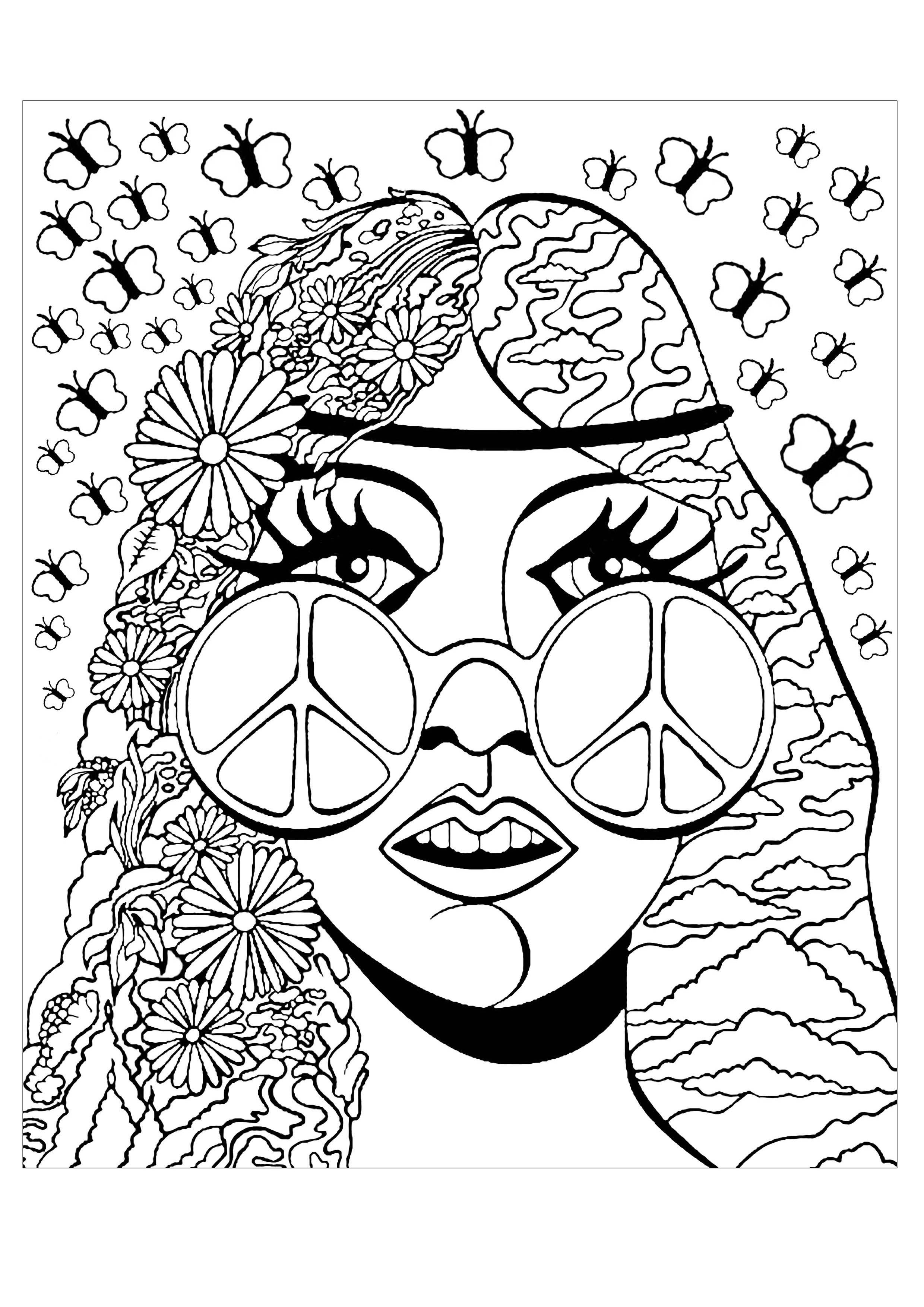 Psychedelic girl with peace & love glasses, and butterflies