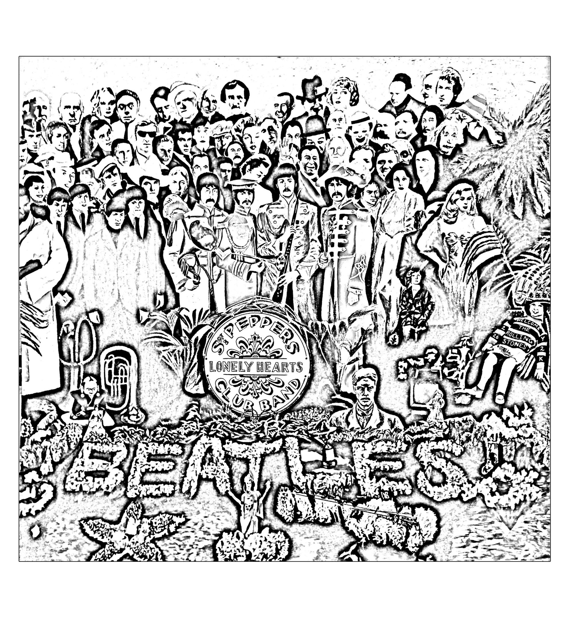 An adult coloring page inspired by The Beatles album : Sgt Peppers Lonely Hearts Club band