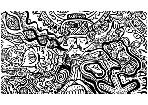 Coloring page adult psychedelic fish and feet