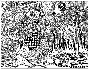 Coloring page adult psychedelic patterns hidden cat