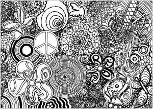 Coloring page adult psychedelic patterns music and peace