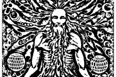 Strange monk meditating, with incredible and psychedelic background (Coloring Page)