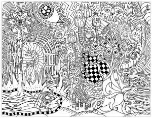 Psychedelic forest with hidden cat
