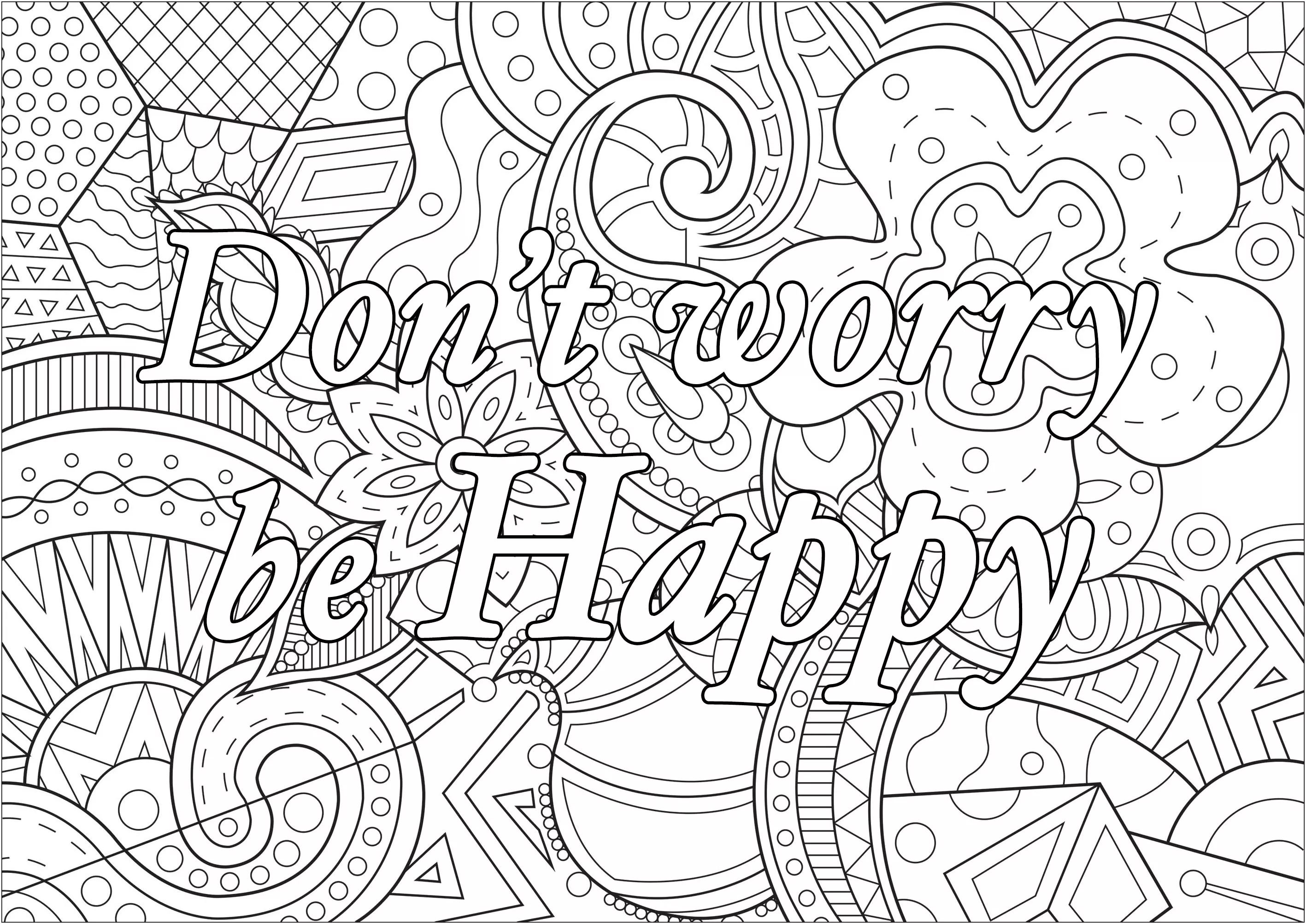 Don't worry be Happy (Printable Positive and inspiring quotes Coloring Page for adults)