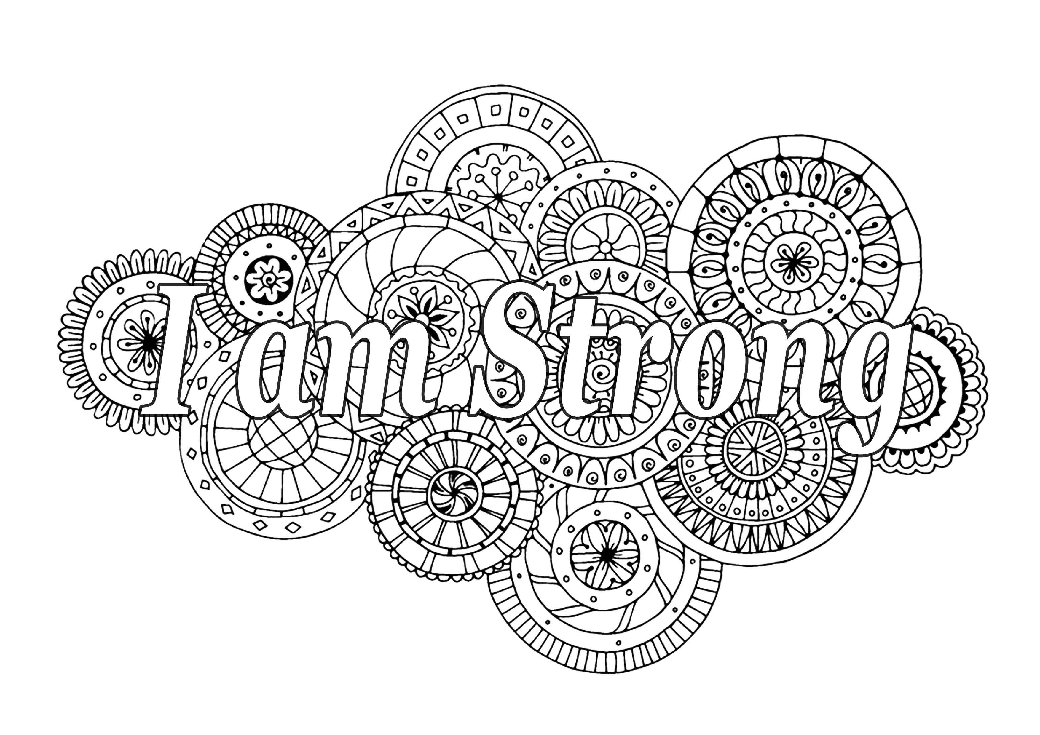 I am strong. A motivational quote, with beautiful mandalas in the background