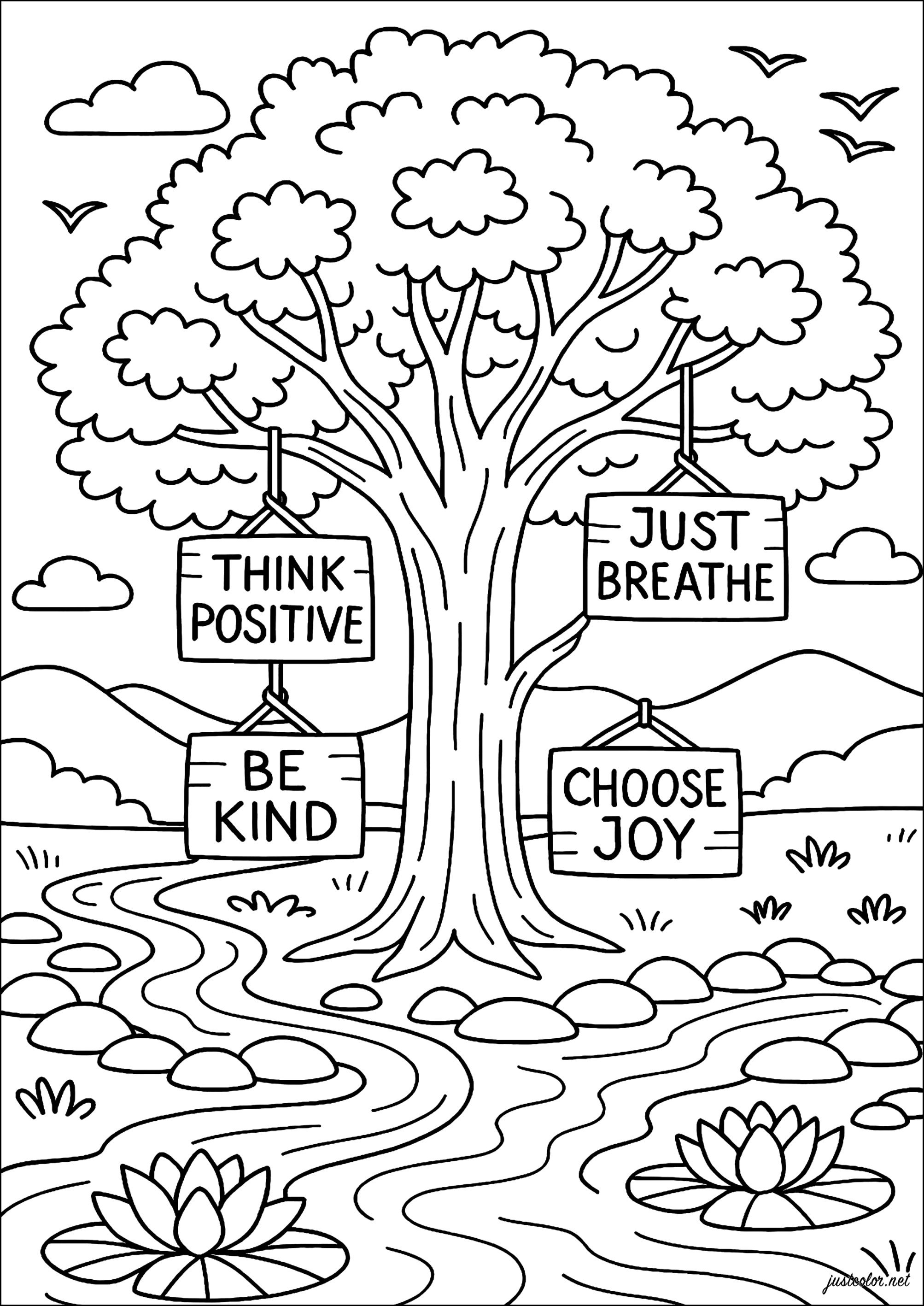 Tree of serenity with inspirational phrases (Printable Positive and inspiring quotes Coloring Page for adults)