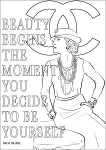 Coco Chanel and his quote "Beauty begins the moment you decide to be yourself" (Positive and inspiring quotes Coloring Page)