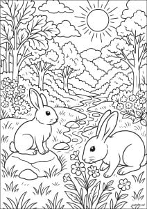 A bucolic encounter in the forest. Two rabbits explore a forest clearing where a gentle stream flows. One observes the wildflowers while the other rests on a rock, under the benevolent gaze of the sun. A bucolic encounter in the forest