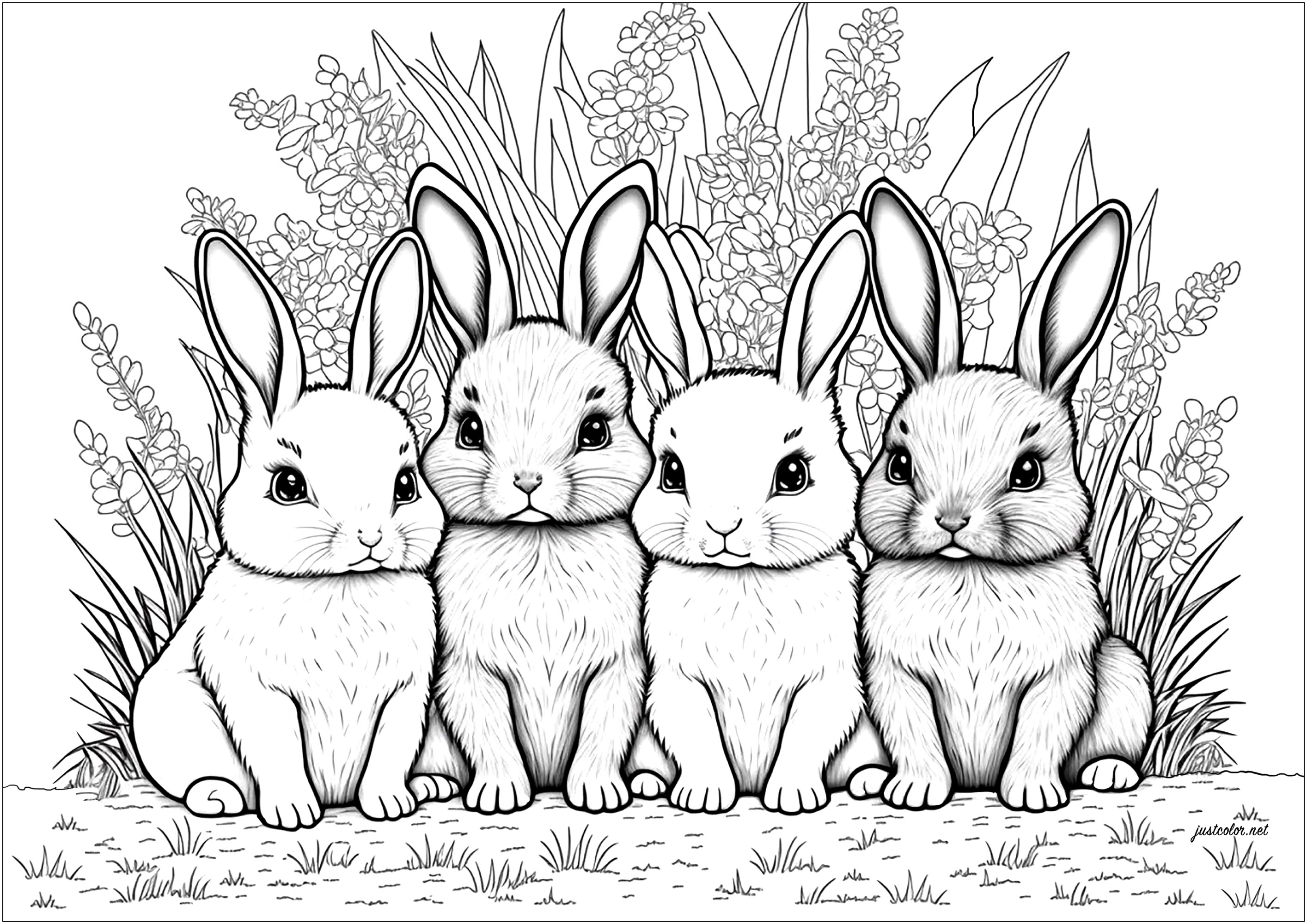Four cute little bunnies to color, with a leafy background. This coloring page is as cute as can be! Four little bunnies, each more adorable than the last, are waiting for you, ready to be colored. They all sit on their hind legs, with long ears and big eyes, and are surrounded by a leafy background.