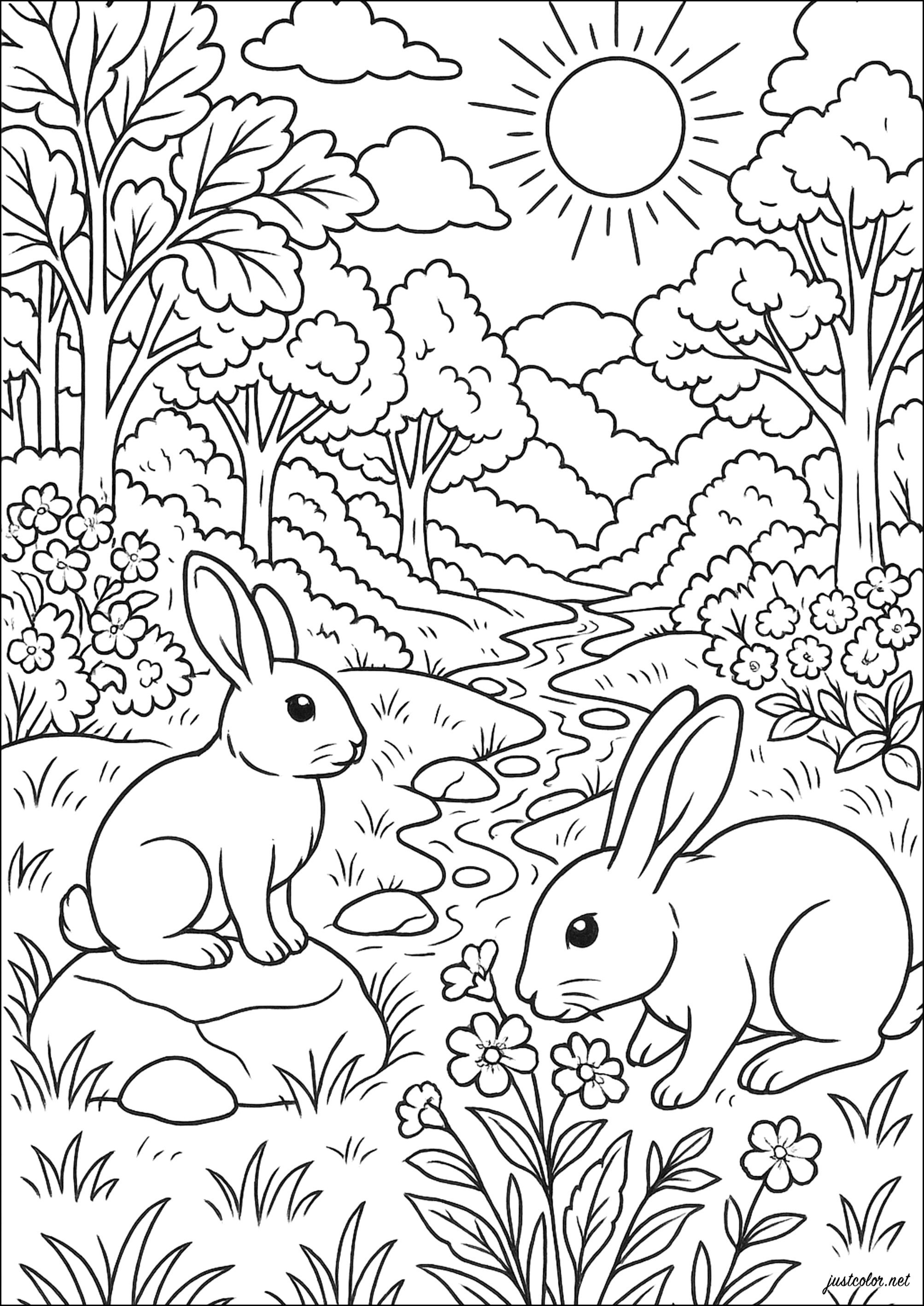 A bucolic encounter in the forest (Printable Rabbit Coloring Page for adults)