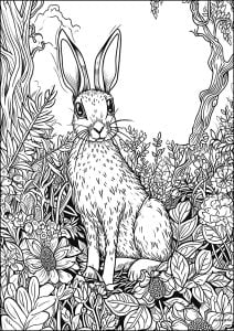 Big vigilant rabbit in the forest (Coloring Page)