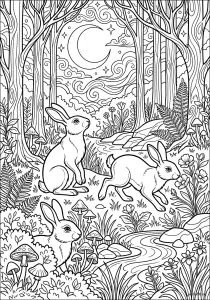 Rabbits in a forest with a stream