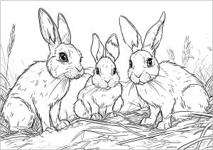 Three cute rabbits on straw (Coloring Page)